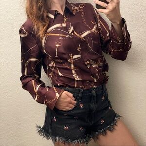 Talbots silk brown and Gold Chain Pattern Shirt